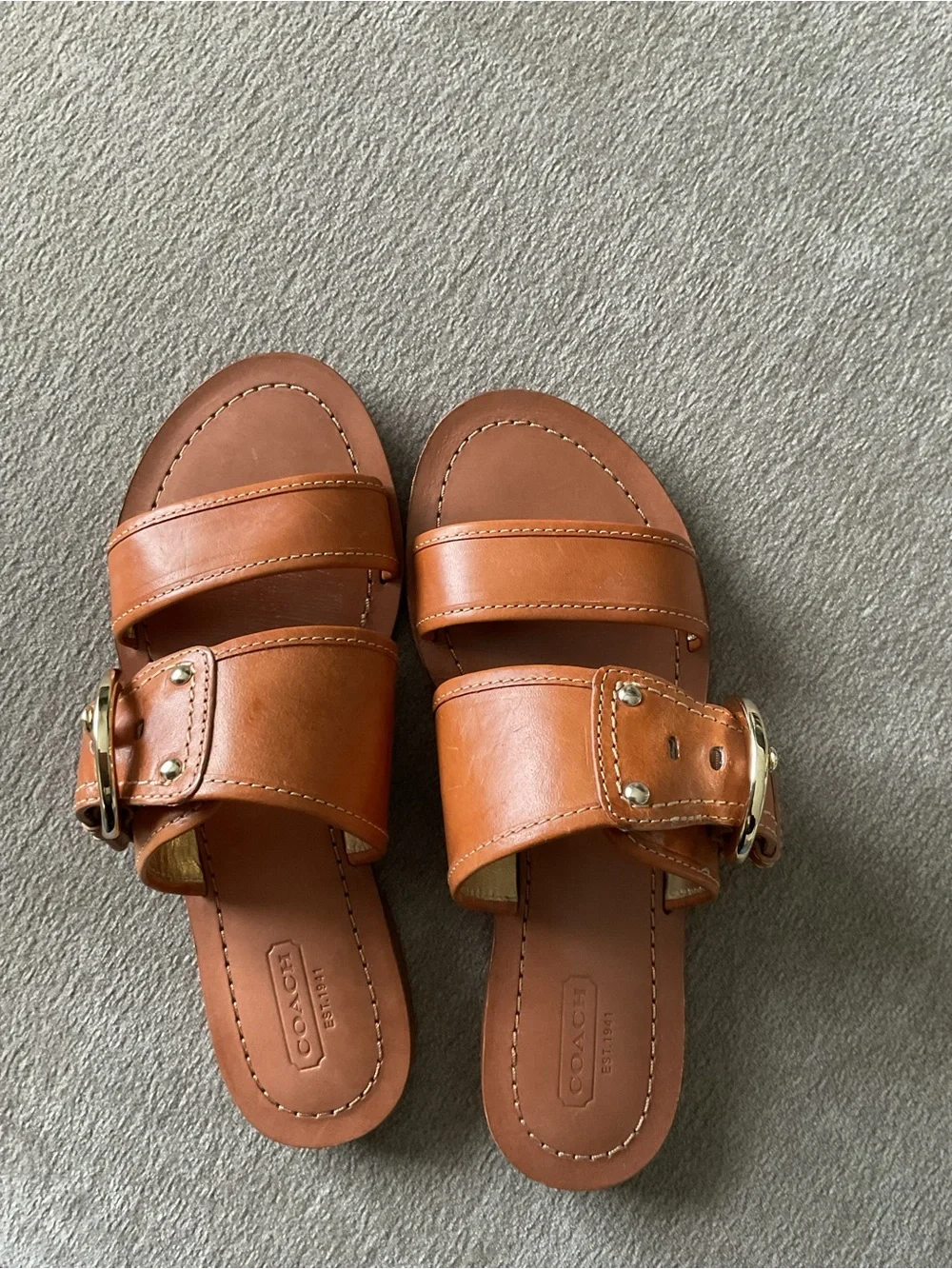 Coach Tan Leather Double-Strap Slide Sandals with Gold Buckle